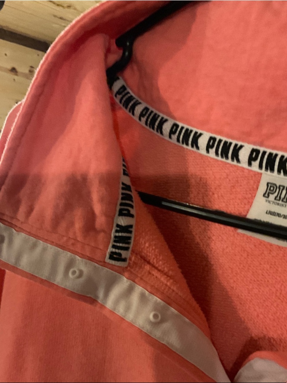 PINK Victoria's Secret Coral Half-Zip Pullover with White & Black Sleeve Stripes - Picture 4 of 6
